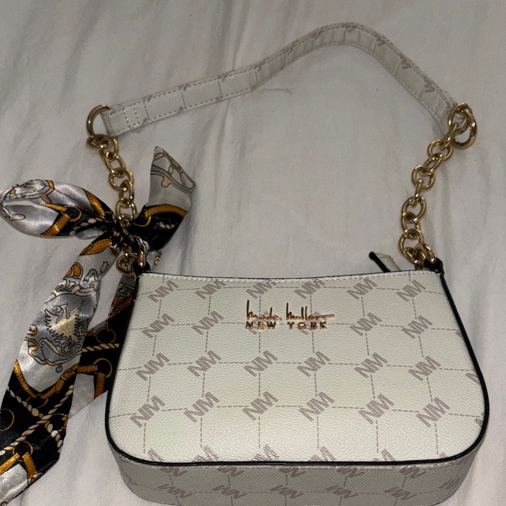 White and Gold Shoulder Bag with Scarf Accent